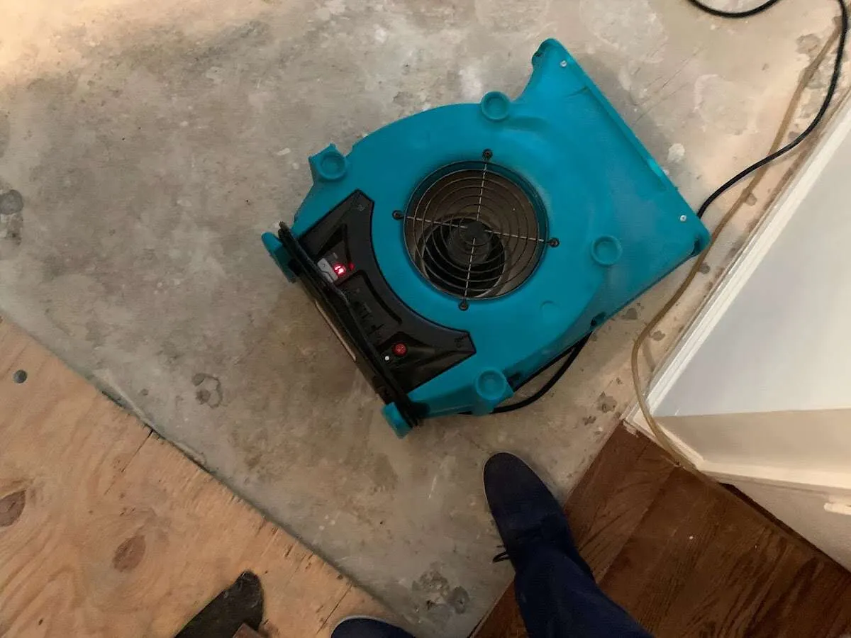 Air mover drying subfloor during Commercial Water Damage Restoration in Eucalyptus Hills